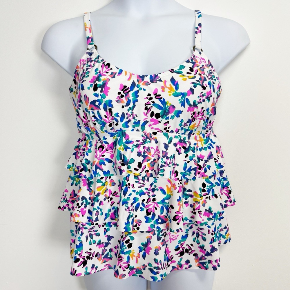 Island Escape Tankini Swimsuit Top Womens 16W Ruffle Layer Waist Minimizer NWT